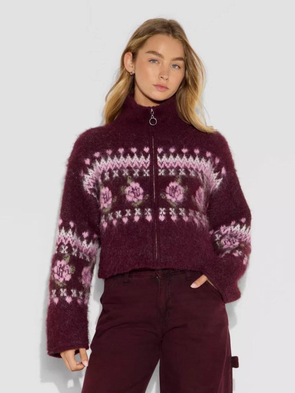 Women Full Zip Mock Turtleneck Cardigan - Wild Fable Red L